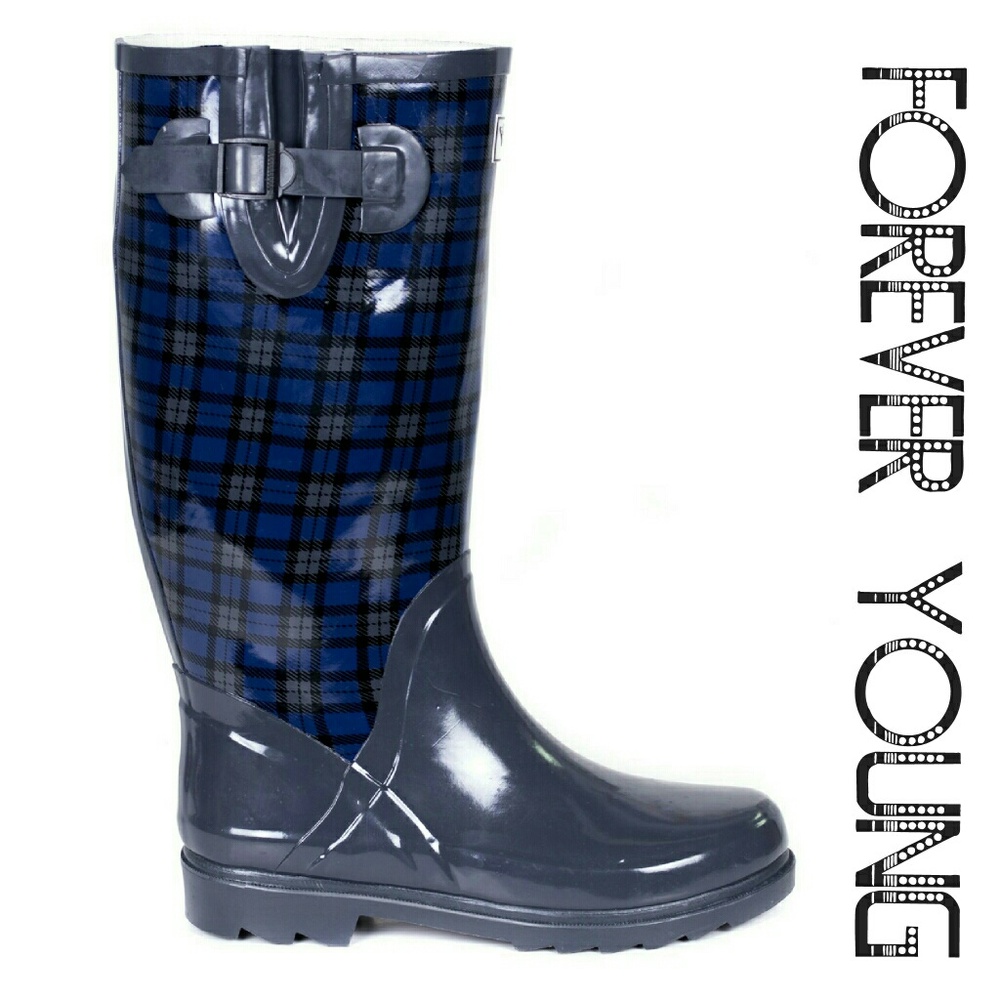 Women Tall Waterproof Rainboots RB-1407, Blue Plaid, Size 5